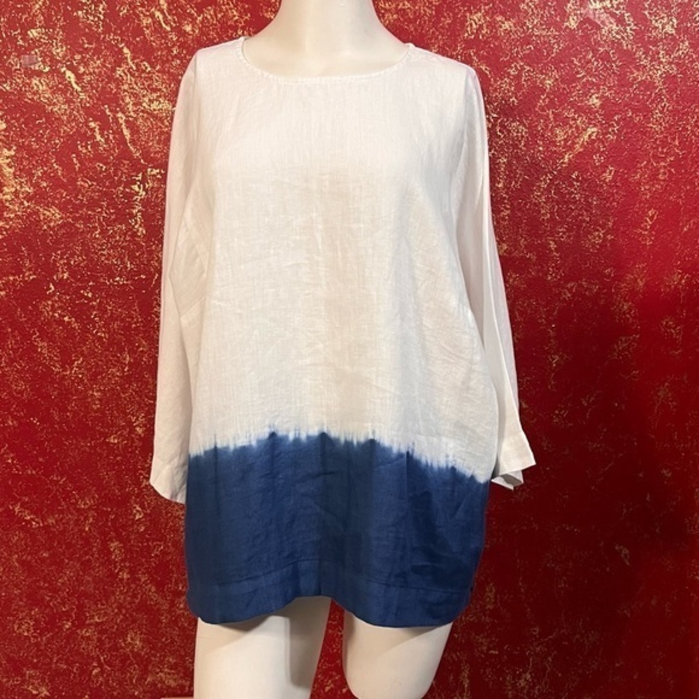 PURE JILL LINEN J.JILL OMBRE NAVY LINEN KIMONO SLEEVES TOP SHIRT BLOUSE L - Picture 6 of 15